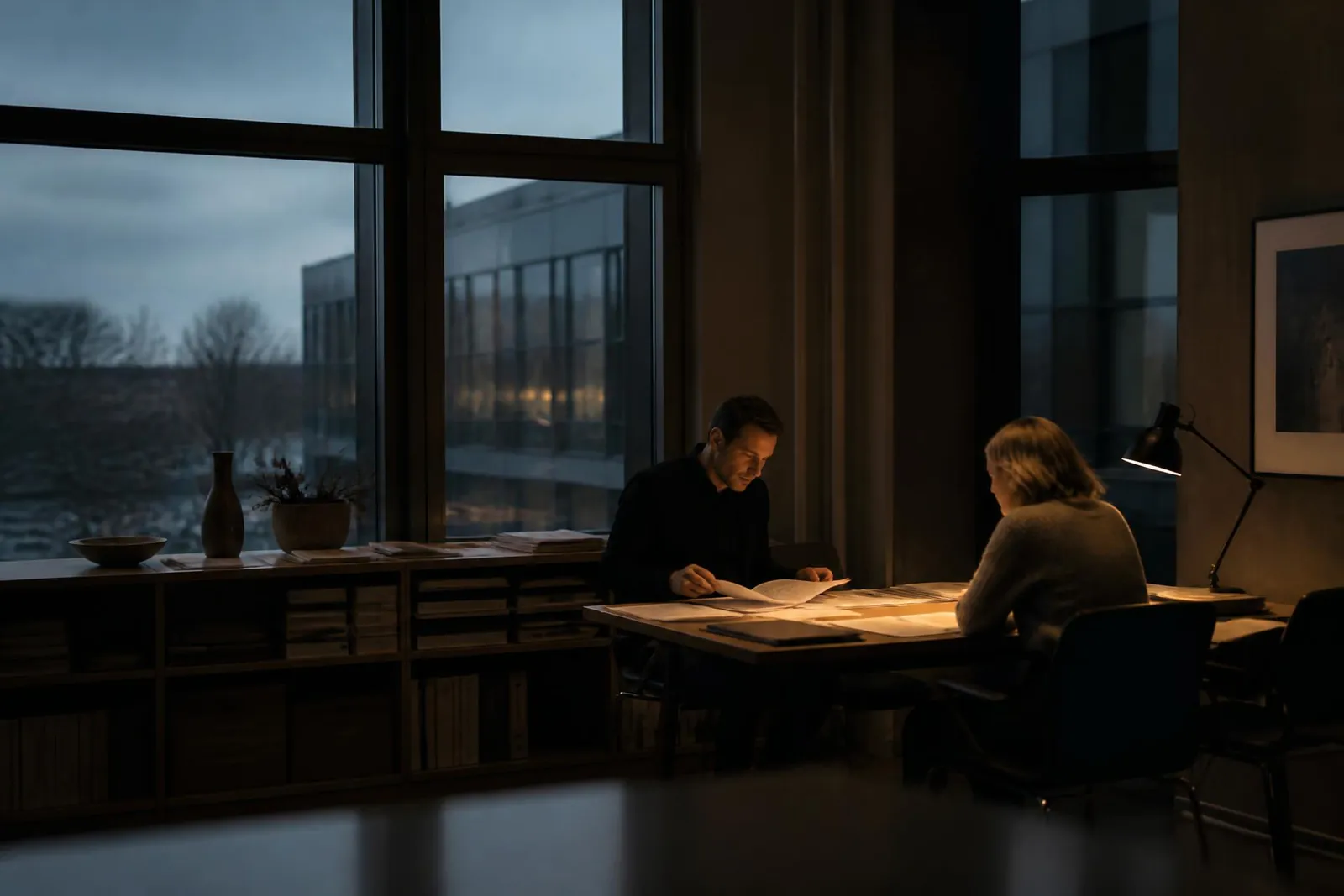 Två personer går igenom pappersarbete på ett kontor i skymningen