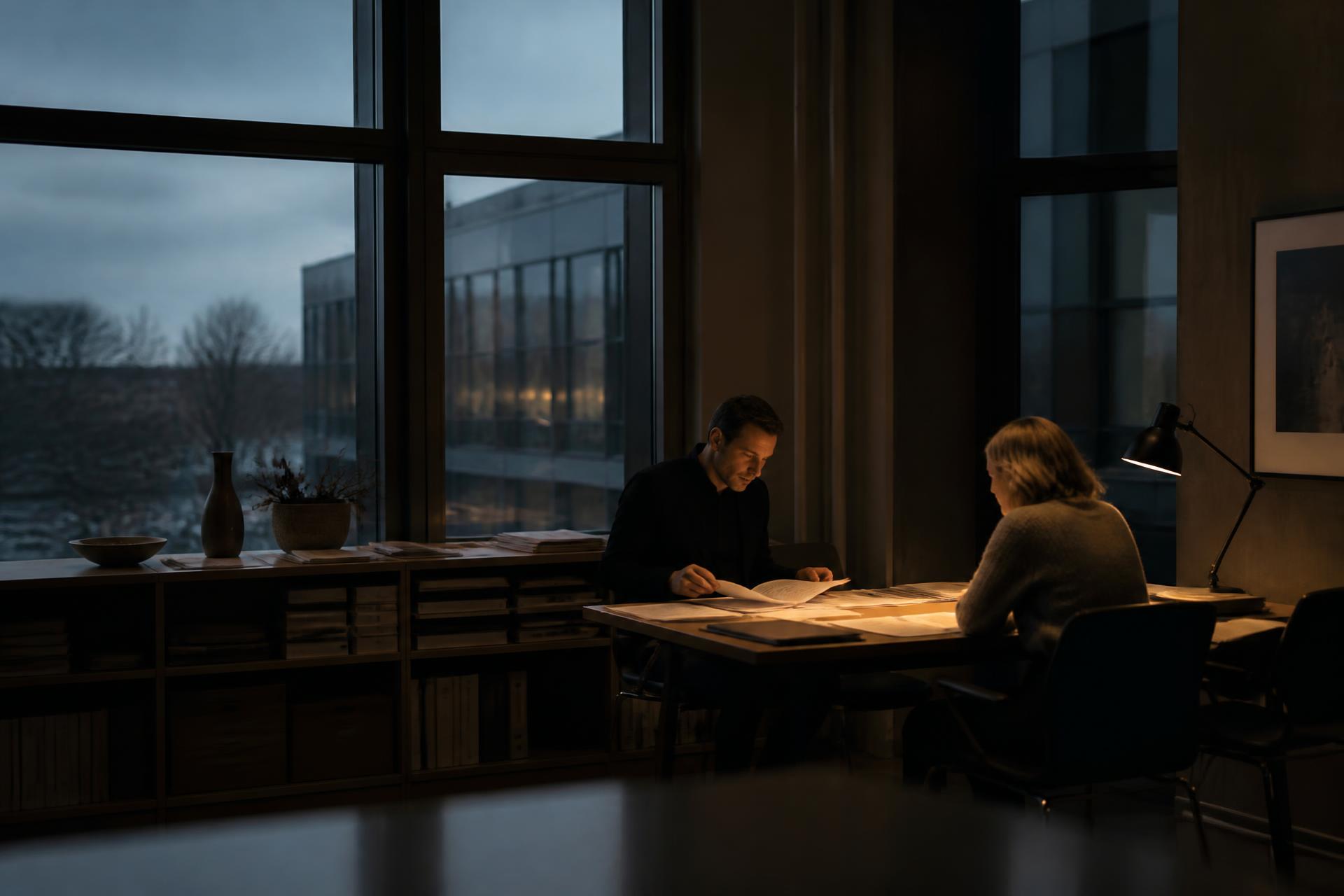 Två personer går igenom pappersarbete på ett kontor i skymningen