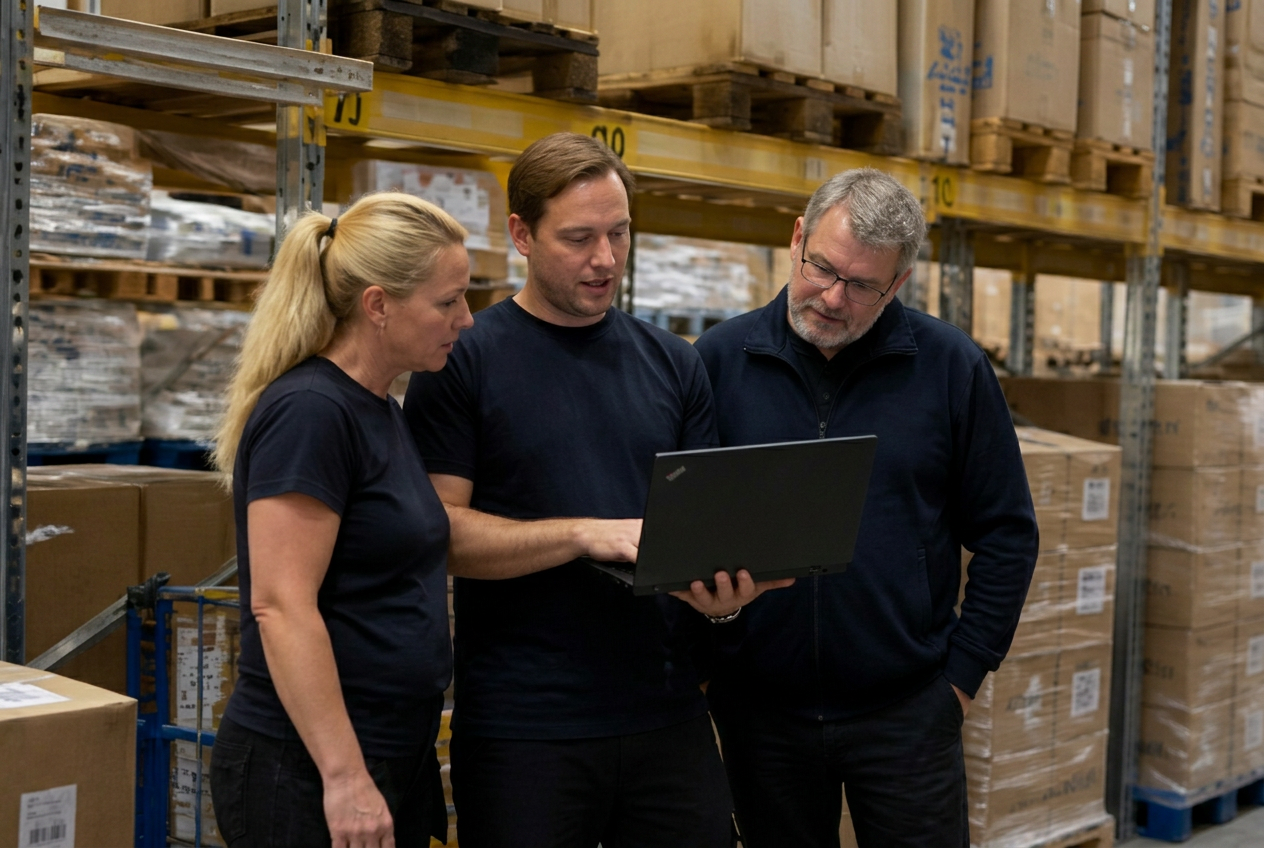 Three people in a warehouse among cardboard boxes looking at a laptop