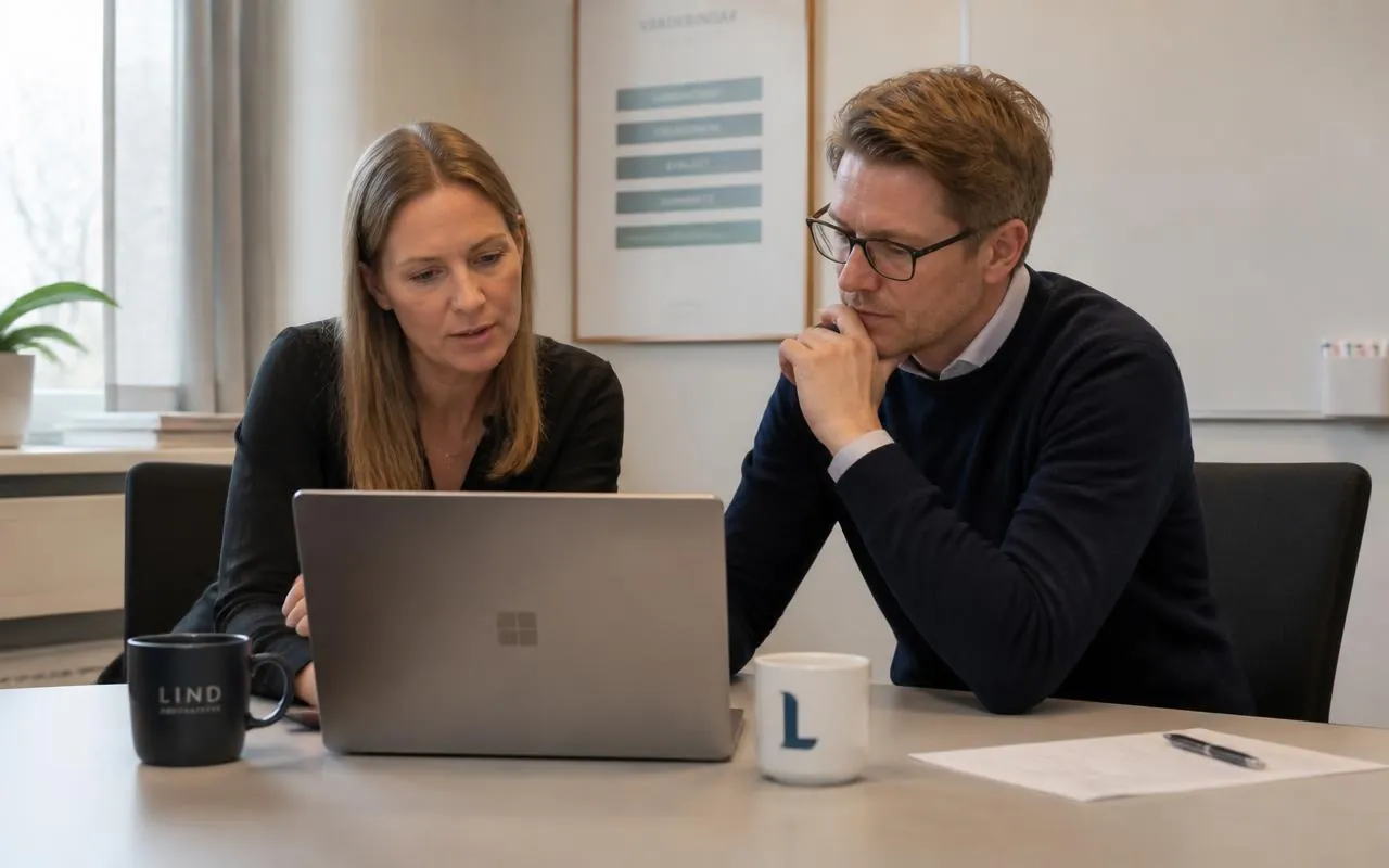 Två kollegor vid ett skrivbord som går igenom en bärbar dator på ett arbetsmöte