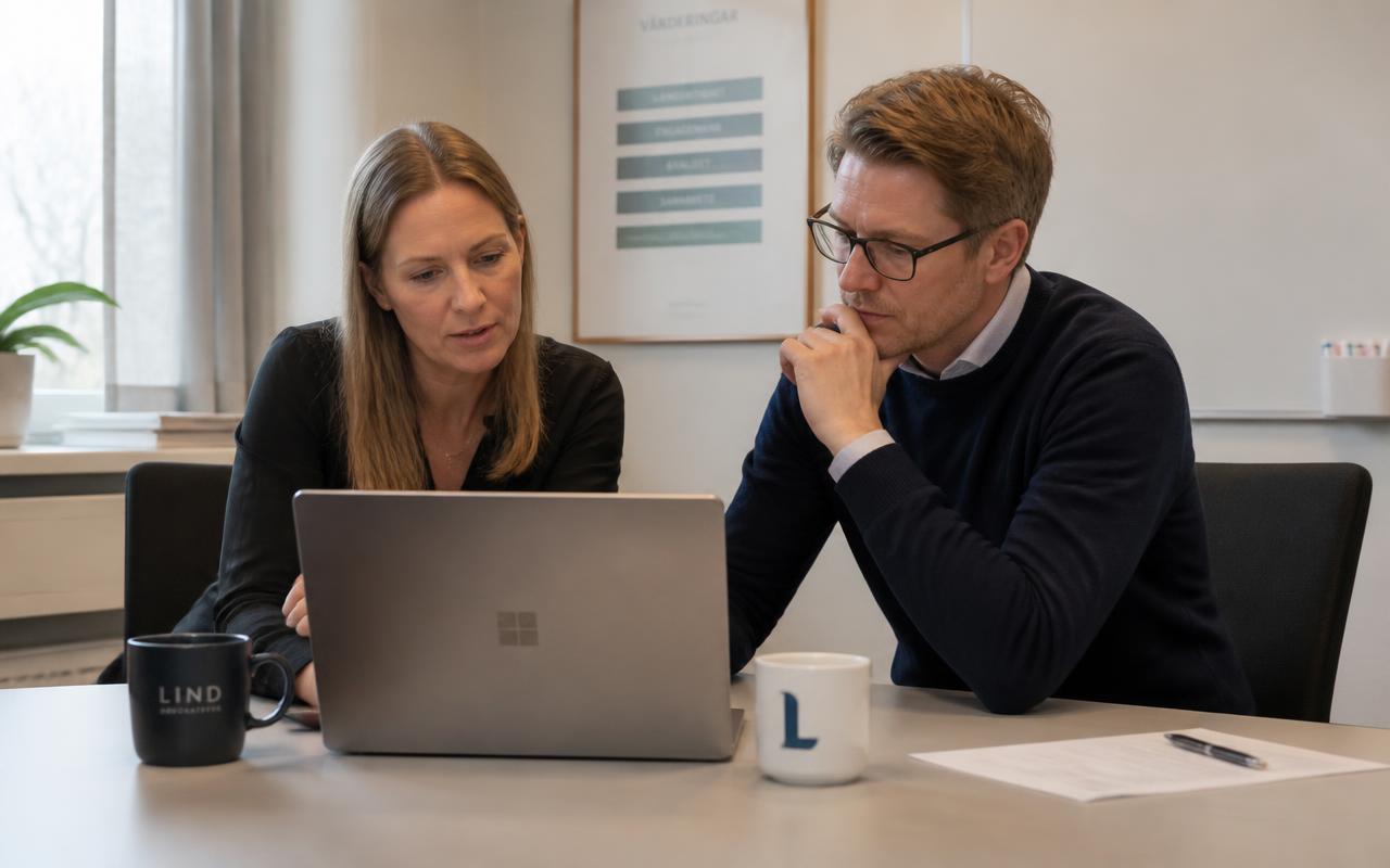 Two colleagues at a desk going through a laptop together in a working meeting